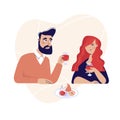 Dating. Valentines day celebration. Sweet happy young couple having romantic dinner with glasses of red wine on date.Drink wine.Ch Royalty Free Stock Photo